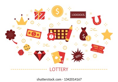 Lottery concept. Gamble and bingo. Play game and win money. Hobby or addiction. Set of colorful icons. Isolated flat vector illustration