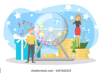 Lottery concept. Gamble and bingo. Play game and win money, great opportunity. Hobby or addiction. Isolated vector illustration in cartoon style