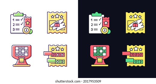 Lottery conduction light and dark theme RGB color icons set. Session program. Electronic gambling machine. Isolated vector illustrations on white and black space. Simple filled line drawings pack