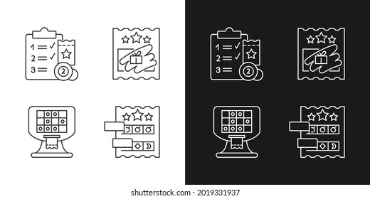 Iconos lineales de conducción de lotería establecidos para el modo oscuro y luminoso. Programa de sesión de Lotto. Máquina electrónica de juegos de azar. Símbolos de línea delgada personalizables. Ilustraciones aisladas del contorno vectorial. Trazo editable