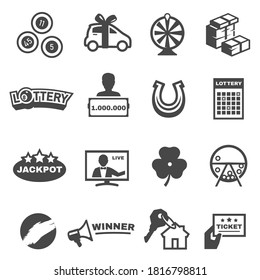 Lottery draw, balls, drum, raffle ticket bold black silhouette icons set isolated on white. Prize, horseshoe pictogram collection. Target, winning, jackpot, bingo vector element for infographic, web.