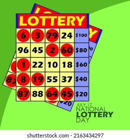 Lottery draw card containing numbers in squares and circles with bold texts on green background, National Lottery Day July 17