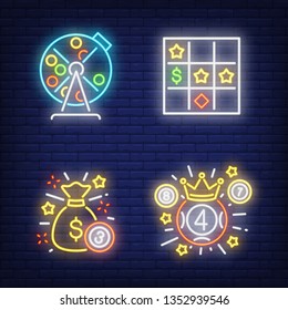 Lottery drum, bingo card and money sack neon signs set. Gambling, fortune and casino design. Night bright neon sign, colorful billboard, light banner. Vector illustration in neon style.