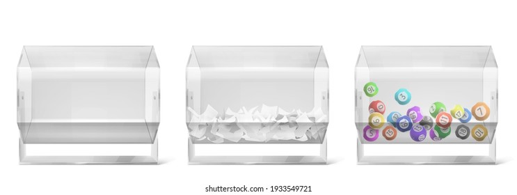 Lottery drums with raffle paper tickets, balls and empty lucky wheel side view. Plastic rotate tote of hexagon shape isolated on white background, transparent sweepstake. Realistic 3d vector sweep set