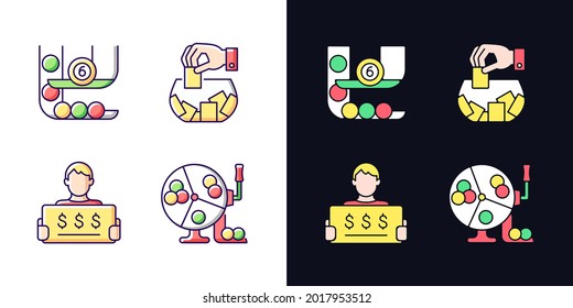 Lottery formats light and dark theme RGB color icons set. Ball draw machine. Raffle. Million-dollar jackpot. Isolated vector illustrations on white and black space. Simple filled line drawings pack