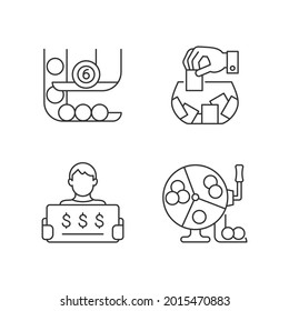 Lottery formats linear icons set. Ball draw machine. Raffle game. Million-dollar jackpot chance. Customizable thin line contour symbols. Isolated vector outline illustrations. Editable stroke