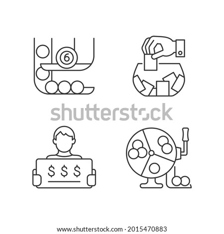 Lottery formats linear icons set. Ball draw machine. Raffle game. Million-dollar jackpot chance. Customizable thin line contour symbols. Isolated vector outline illustrations. Editable stroke