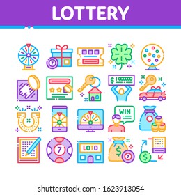 Lottery Gambling Game Collection Icons Set Vector Thin Line. Human Win Lottery And Hold Check, Car Key And Money Bag, Fortune Wheel And Loto Concept Linear Pictograms. Color Contour Illustrations