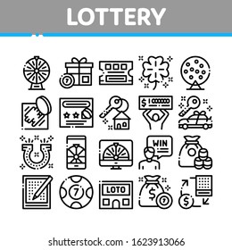 Lottery Gambling Game Collection Icons Set Vector Thin Line. Human Win Lottery And Hold Check, Car Key And Money Bag, Fortune Wheel And Loto Concept Linear Pictograms. Monochrome Contour Illustrations