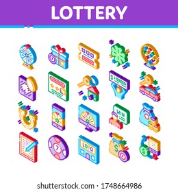 Lottery Gambling Game Collection Icons Set Vector. Human Win Lottery And Hold Check, Car Key And Money Bag, Fortune Wheel And Loto Isometric Illustrations