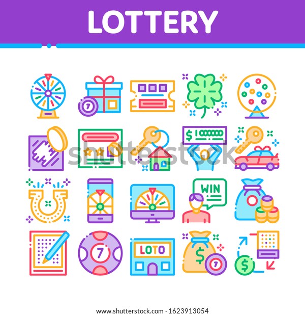 Lottery Gambling Game Collection Icons Set\
Vector Thin Line. Human Win Lottery And Hold Check, Car Key And\
Money Bag, Fortune Wheel And Loto Concept Linear Pictograms. Color\
Contour Illustrations