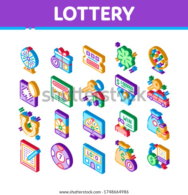 Lottery Gambling Game Collection Icons Set\
Vector. Human Win Lottery And Hold Check, Car Key And Money Bag,\
Fortune Wheel And Loto Isometric\
Illustrations