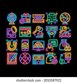 Lottery Gambling Game neon light sign vector. Glowing bright icon  Human Win Lottery And Hold Check, Car Key And Money Bag, Fortune Wheel And Loto Illustrations