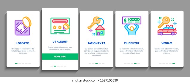 Lottery Gambling Game Onboarding Mobile App Page Screen Vector. Human Win Lottery And Hold Check, Car Key And Money Bag, Fortune Wheel And Loto Concept Linear Pictograms. Color Contour Illustrations