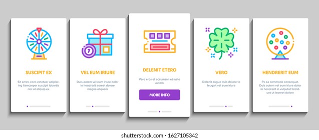 Lottery Gambling Game Onboarding Mobile App Page Screen Vector. Human Win Lottery And Hold Check, Car Key And Money Bag, Fortune Wheel And Loto Concept Linear Pictograms. Color Contour Illustrations