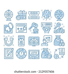 Lottery Gambling Game sketch icon vector. Hand drawn blue doodle line art Human Win Lottery And Hold Check, Car Key And Money Bag, Fortune Wheel And Loto Illustrations