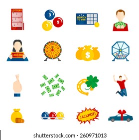 Lottery and gambling money game icon flat set isolated vector illustration