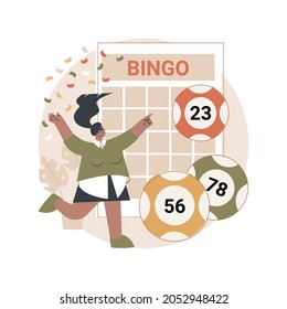 Ilustración vectorial de concepto abstracto de juego de lotería. Juego de dinero de lotería, boleto de rifa afortunado, bingo, ver resultados en línea, apuestas legales, oportunidad semanal de ganar, gran show de TV de grandes premios metáfora abstracta.