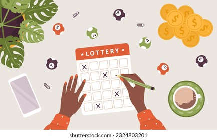 Lottery game. African female hand drawing crosses on ticket with pen. People are gambling. Top view with balls and coins. Girl wants to win cash prize. Vector illustration in flat cartoon style.