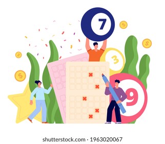 Lottery game concept. Internet casino, bingo gaming entertainment. Online lotto or lucky ball, online gambling players. Winning people utter vector concept