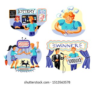 Lottery game flat vector illustrations set. Lucky players, jackpot winners cartoon characters. Ticket purchase and scratching. Win celebration, award ceremony. Gambling entertainment, success chance