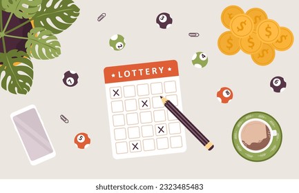 Juego de lotería. Billete con cruces de dibujo a mano. La gente está apostando. Vista superior con bolas y monedas. Ganar el premio en metálico. Ilustración vectorial al estilo de las caricaturas planas.