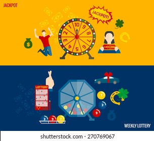 Lottery games flat banners horizontal set with machine to draw winning numbers and prizes abstract vector illustration