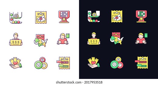 Lottery games types light and dark theme RGB color icons set. Ball draw machine. Multi-state game. Isolated vector illustrations on white and black space. Simple filled line drawings pack