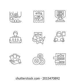 Lottery games types linear icons set. Ball draw machine. Scratch cards. Multi-state lottery games. Customizable thin line contour symbols. Isolated vector outline illustrations. Editable stroke