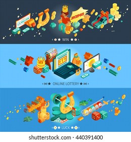 Lottery horizontal isometric banners set with win and luck symbols isolated vector illustration 