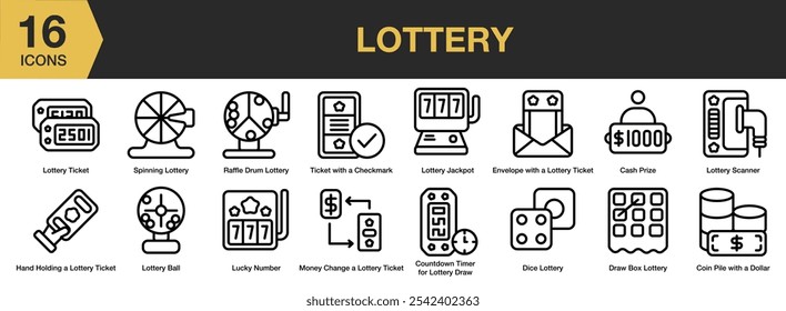 Conjunto de iconos de lotería. Incluye premio en efectivo, pila de monedas, dados, caja de sorteo, jackpot, giros y más. Colección de Vector de iconos de contorno.