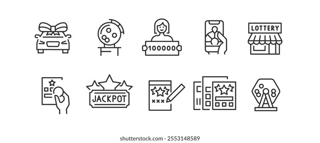 Lottery Icons. Set of 10 lottery-themed trendy minimal icons. Bingo, scratch card, Jackpot, lucky clover, winning ticket. Design signs for web page, mobile app, packaging design. Vector illustration