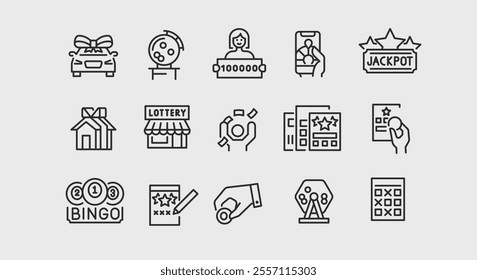 Lottery Icons. Set of 15 lottery-themed trendy minimal icons. Bingo, scratch card, Jackpot, lucky clover, winning ticket. Design signs for web page, mobile app, packaging design. Vector illustration