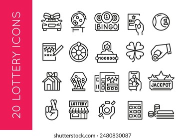 Lottery Icons. Set of 20 lottery-themed trendy minimal icons. Bingo, scratch card, Jackpot, lucky clover, winning ticket. Design signs for web page, mobile app, packaging design. Vector illustration