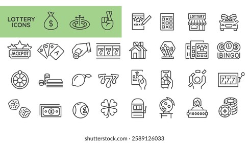 Lottery Icons. Set of 31 lottery-themed trendy minimal icons. Bingo, scratch card, Jackpot, lucky clover, winning ticket. Design signs for web page, mobile app, packaging design. Vector illustration