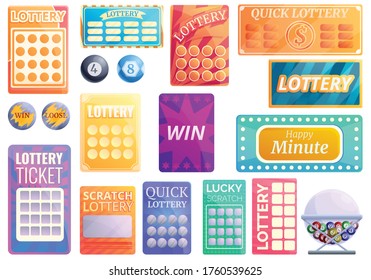 Lottery icons set. Cartoon set of lottery vector icons for web design