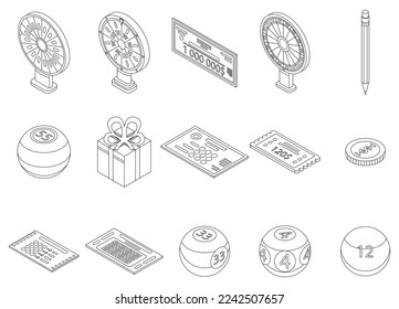 Lottery icons set. Isometric set of lottery vector icons for web design isolated on white background outline