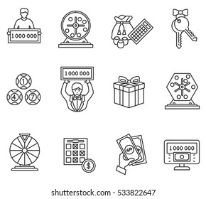 Lottery icons set. Winning lotto, thin line design. The prize in gambling, linear symbols collection.