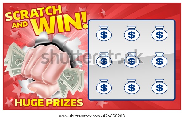 A lottery instant scratch and win\
scratchcard with a fist hand holding cash\
money\
