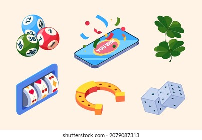 Lottery Isometric. Big Fortune Prize Chance Win Gaming Slots Bingo Money Lottery Casino Players Garish Vector Set