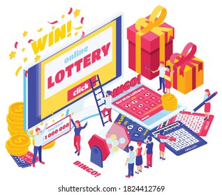 Lottery isometric design concept set of screen with online lottery paycheck for million dollar bingo card vector illustration