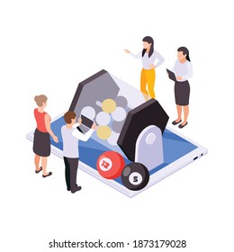 Lottery isometric lotto rotation machine with balls and gambling symbols vector illustration