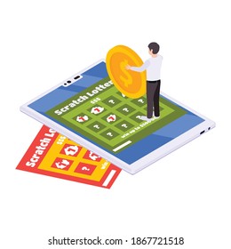 Lottery isometric with scratching cards and lottery tickets vector illustration