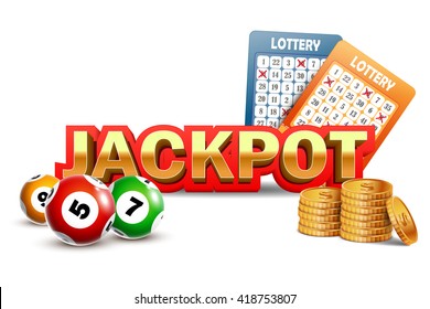 Lottery Jackpot background with coins, balls and tickets.