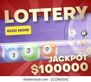 Lottery jackpot banner landing page realistic vector illustration. Internet advertising raffle, keno, bingo, big win lotto game balls with lucky numbers and dispenser. Gambling victory chance