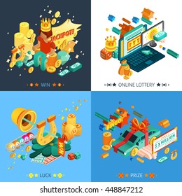  Lottery and jackpot concept icons set with luck and prize symbols isometric isolated vector illustration 