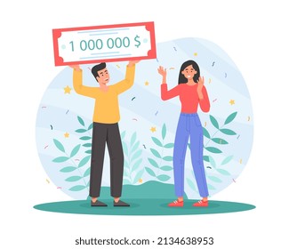 Lottery jackpot concept. Man hands girl check with million dollars. Prize for winner, action for regular customers. Advertising poster or banner for website. Cartoon flat vector illustration