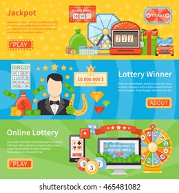 Lottery and jackpot flat horizontal banners with horseshoe scratch card lottery machine money bag decorative icons vector illustration 