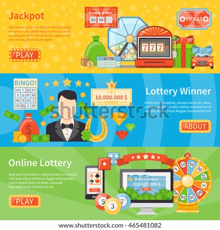 Lottery and jackpot flat horizontal banners with horseshoe scratch card lottery machine money bag decorative icons vector illustration 
