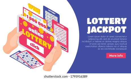 Lottery jackpot isometric landing page with human hands holding  lotto tickets and win paycheck for million dollar vector illustration